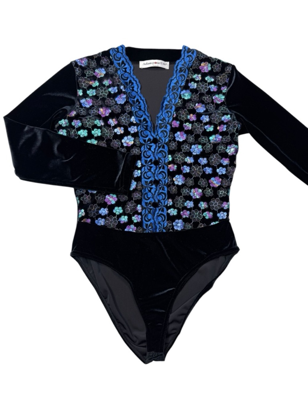 Vintage Adam Pour Eve Embroidered Black Velvet Long Sleeve Bodysuit Size M